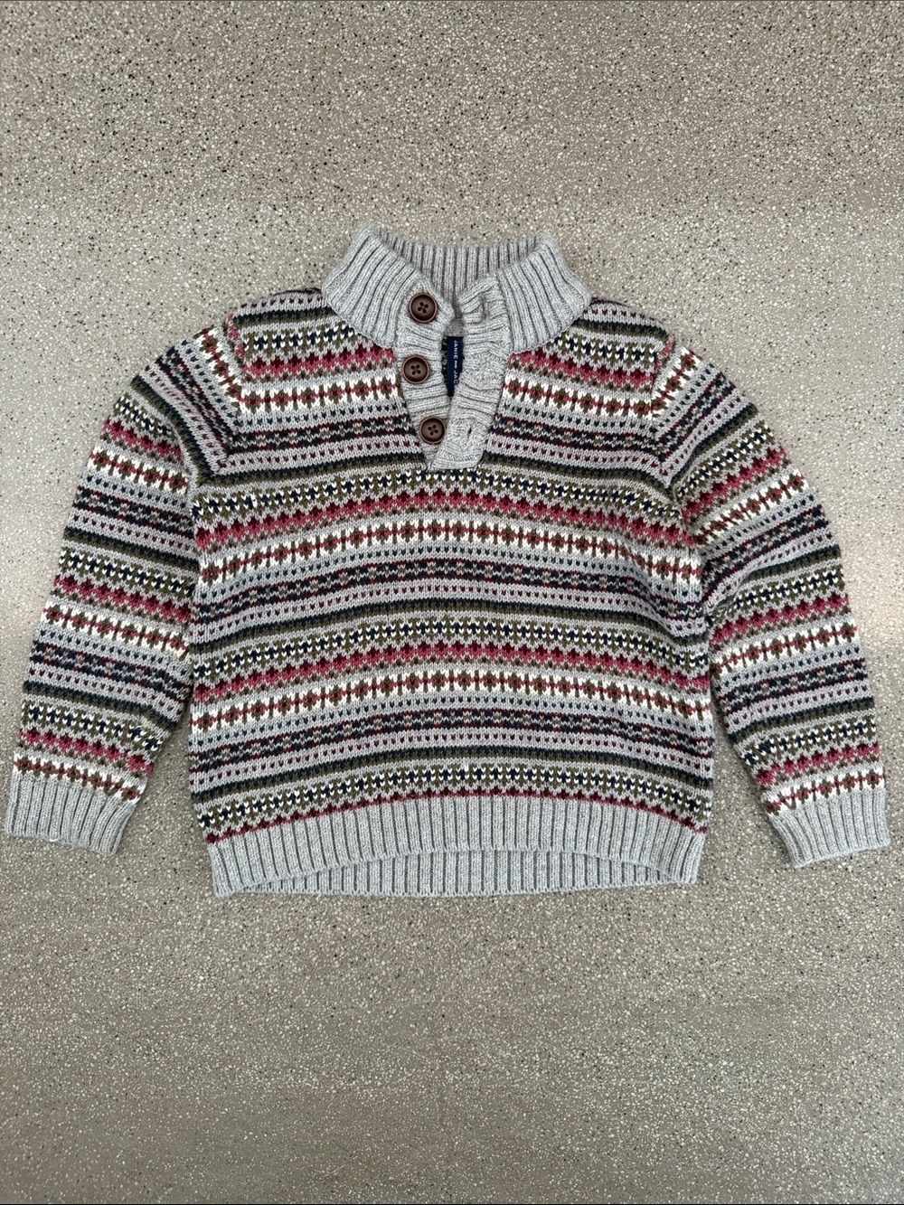Janie and Jack Gray Fair Isle Button-Neck Knit Sweater with Multicolor Stripes